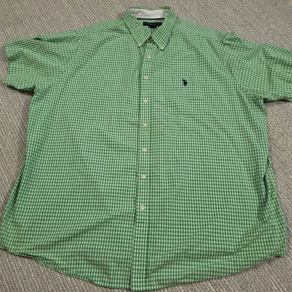US Polo Assn Mens 2XLT Green Gingham Short Sleeve Button Down Shirt Pocket